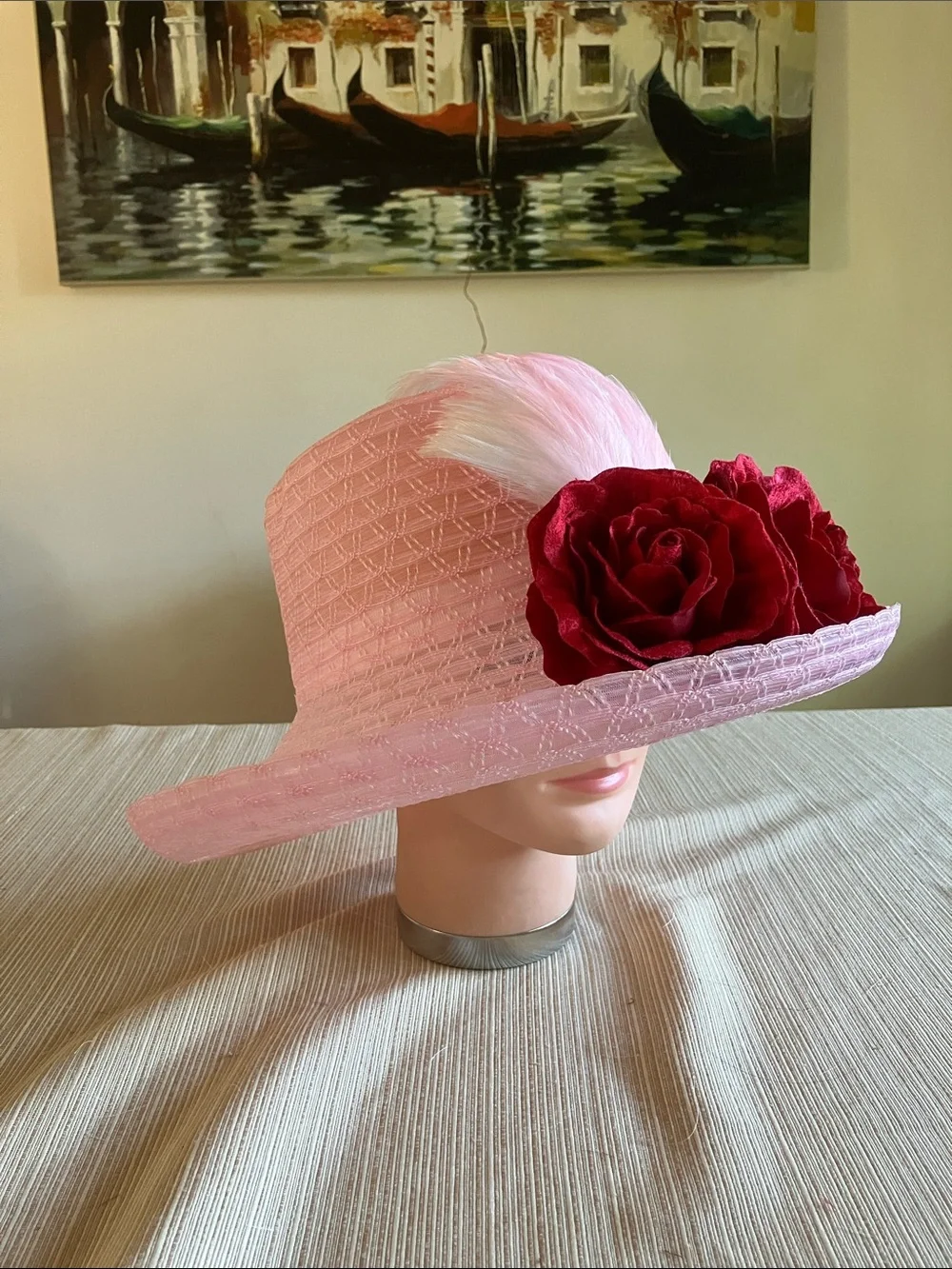 Chic Pink Wide-Brim Hat with Red Velvet Rose Detail and Feathered Accents